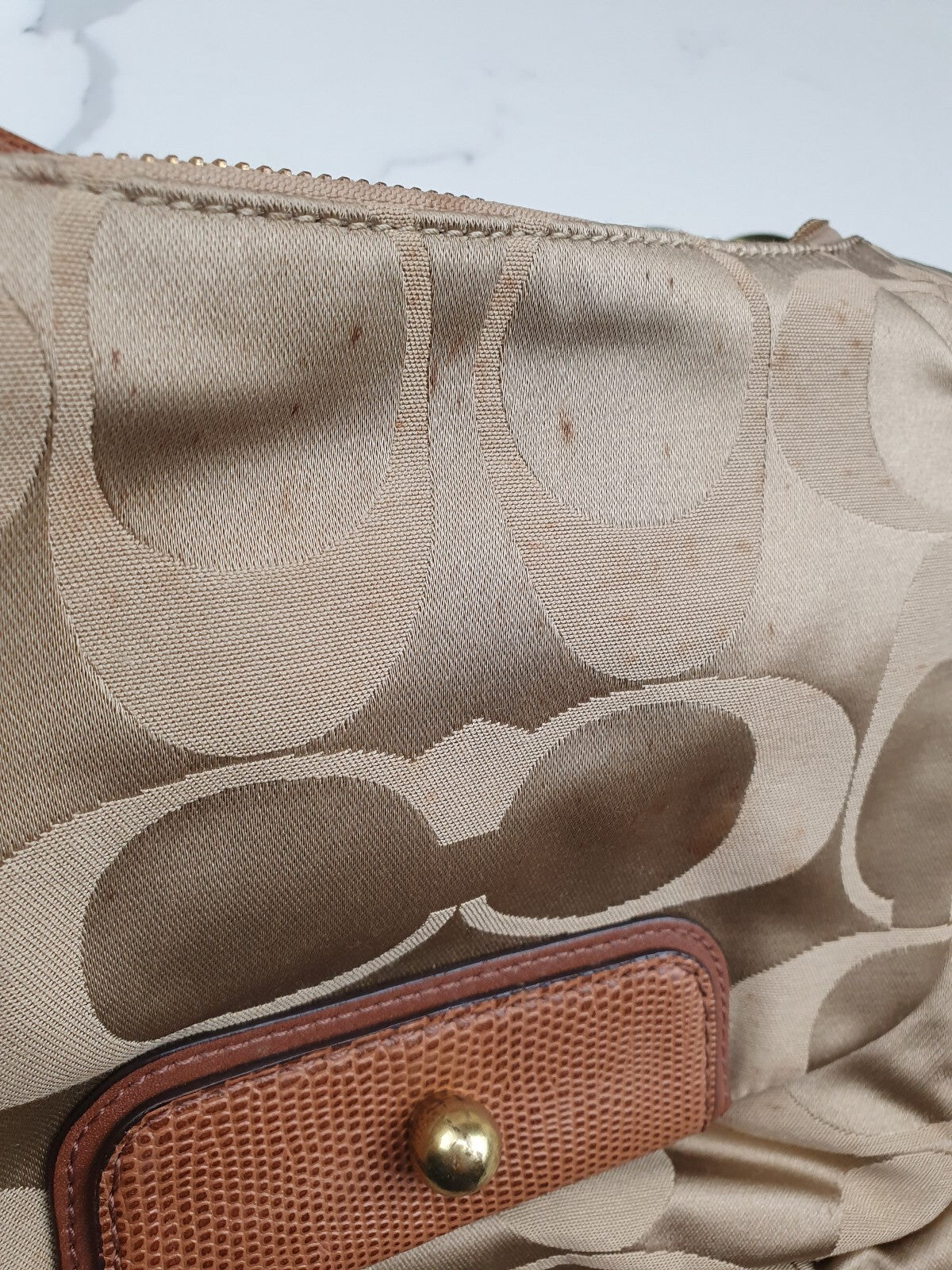 Coach Beige Signature Jacquard Shoulder Bag with Leather Trim