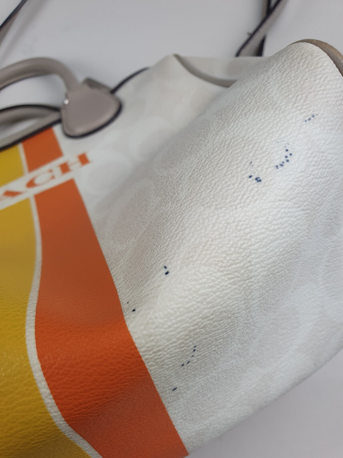 Coach Vintage White Leather Handbag with Orange and Yellow Stripe Detail