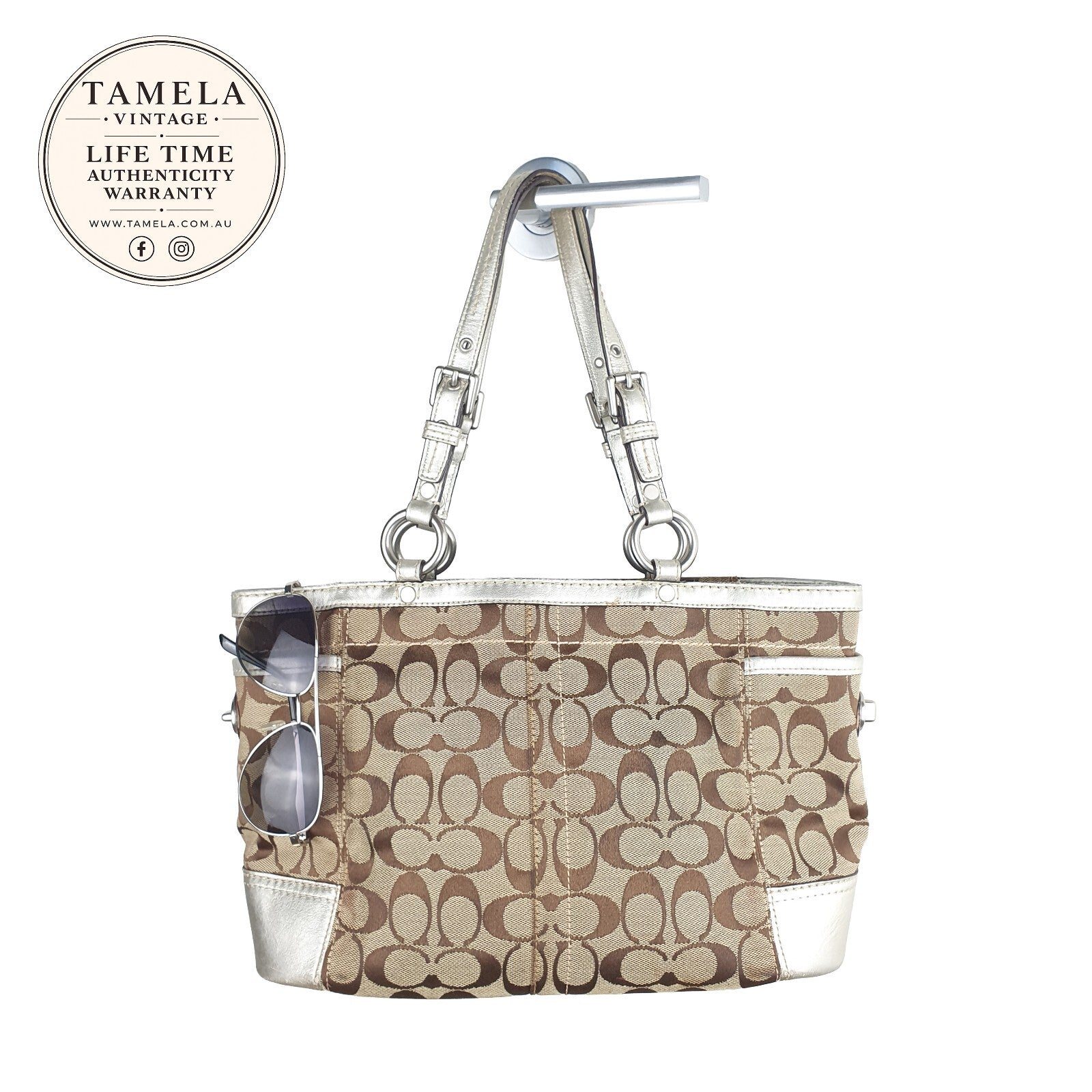 Coach Signature Canvas Tote Bag with Silver Leather Trim
