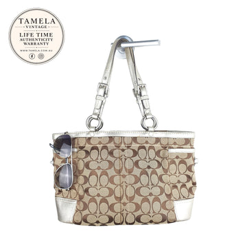 Coach Signature Canvas Tote Bag with Silver Leather Trim