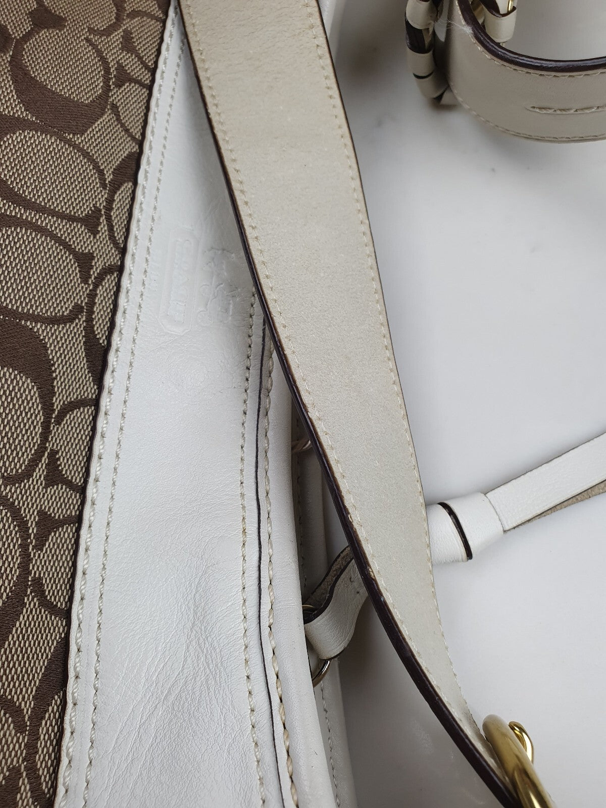 Coach Signature Canvas and Genuine White Leather Hobo Shoulder Bag