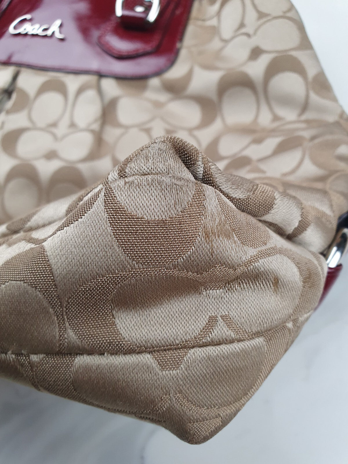 Coach Signature Canvas Tote Bag with Burgundy Patent Leather Trim