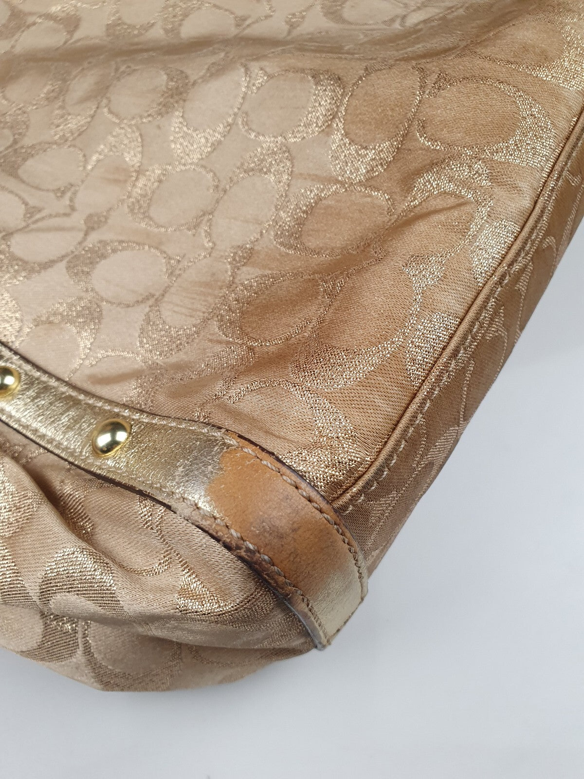 Coach Beige Signature Canvas Tote Bag with Gold Leather Trim