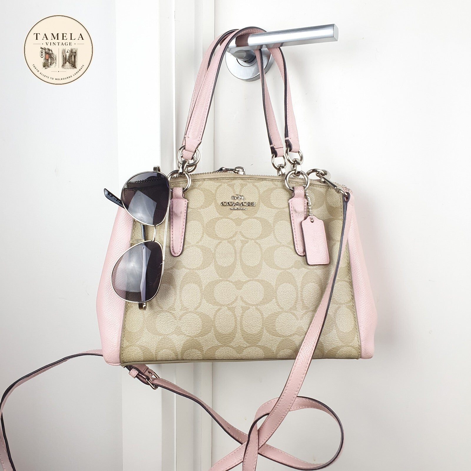 Coach Signature Canvas and Leather Satchel Handbag in Pink and Beige