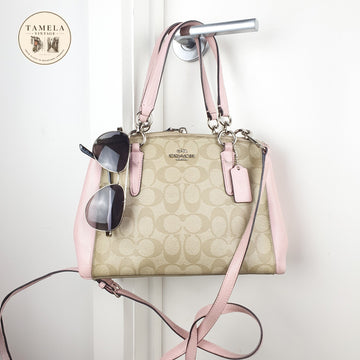 Coach Signature Canvas and Leather Satchel Handbag in Pink and Beige