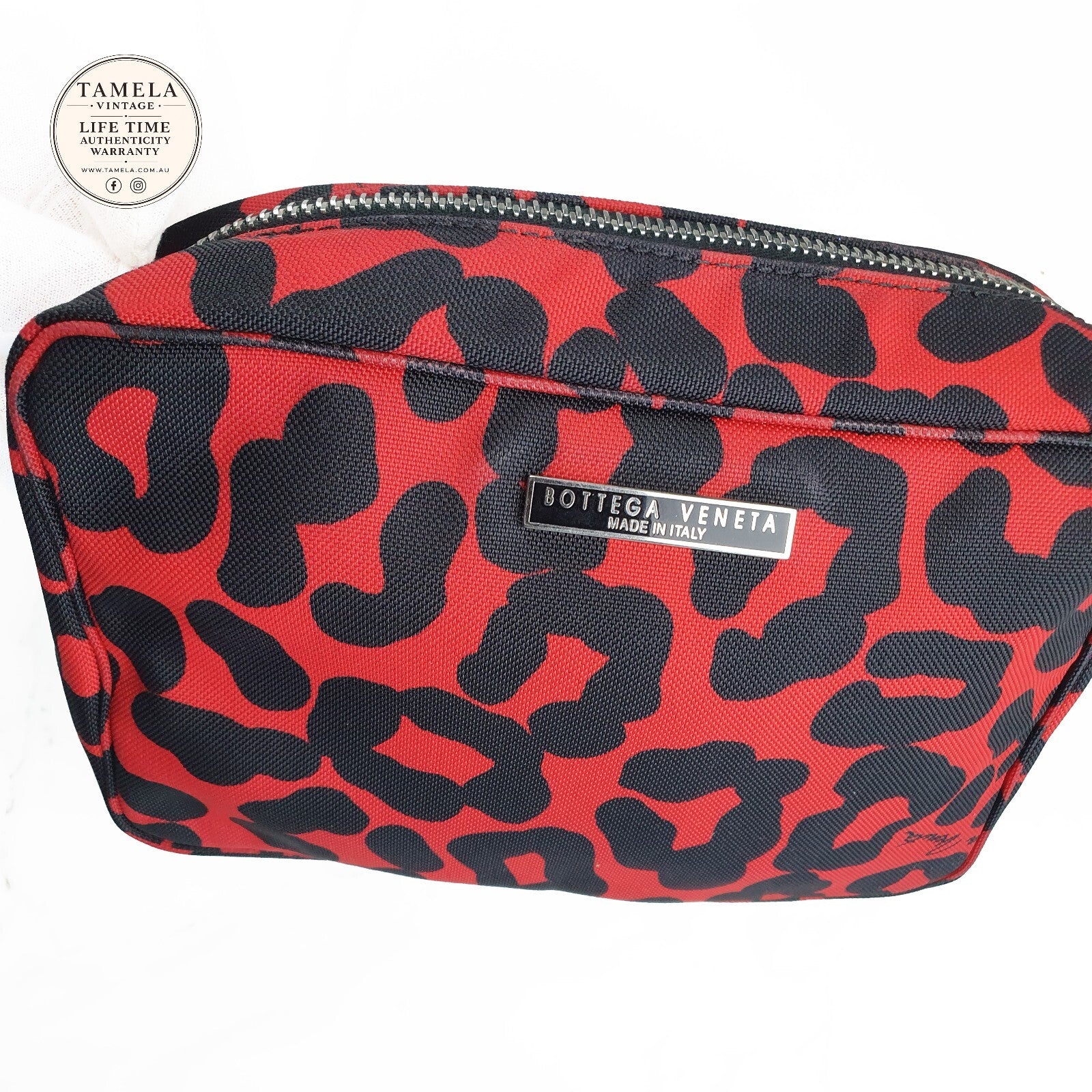 Bottega Veneta Red and Black Leopard Print Cosmetic Bag made in Italy
