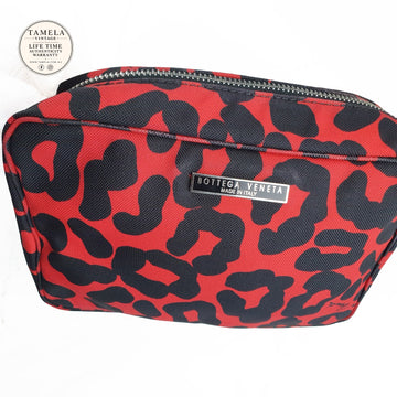 Bottega Veneta Red and Black Leopard Print Cosmetic Bag made in Italy