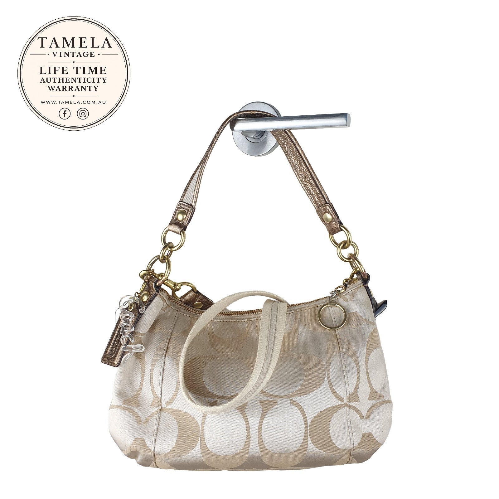 Coach Vintage Signature Beige and Gold Small Shoulder Bag