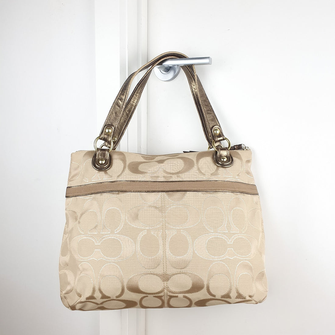 Coach Beige Signature Jacquard Tote Bag with Metallic Leather Handles