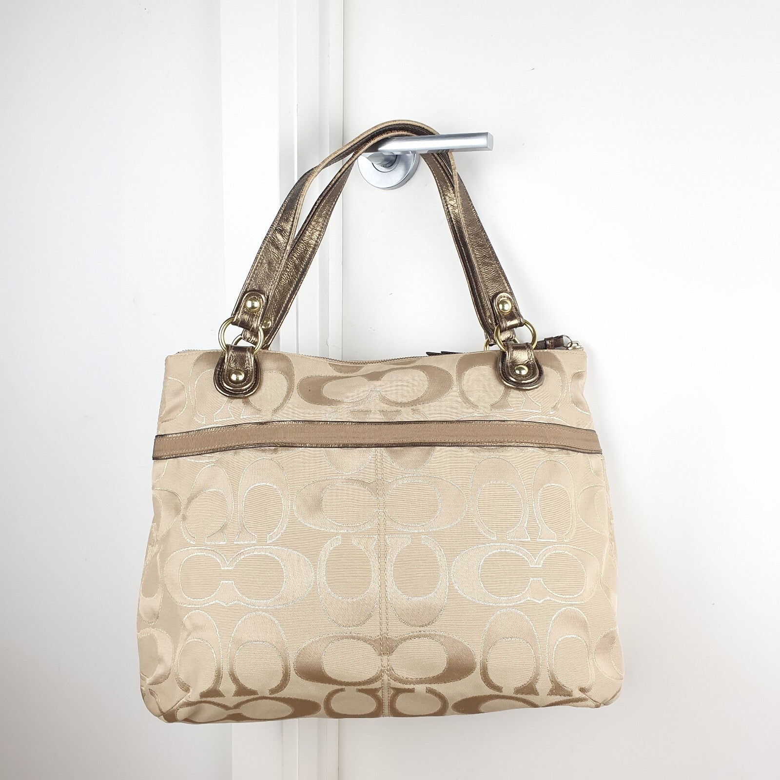 Coach Beige Signature Jacquard Tote Bag with Metallic Leather Handles