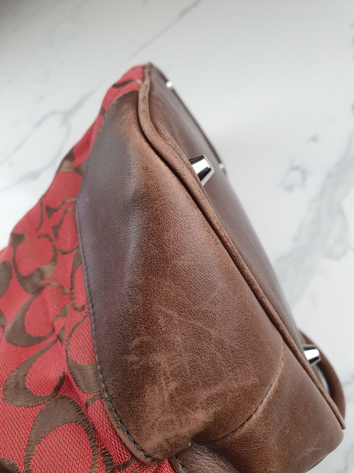 Vintage Coach Red and Brown Signature Canvas Tote Bag
