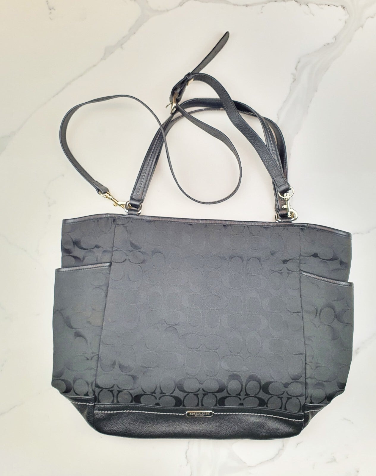 Coach Black Park Signature Canvas Carrie Tote Bag with Leather Trim