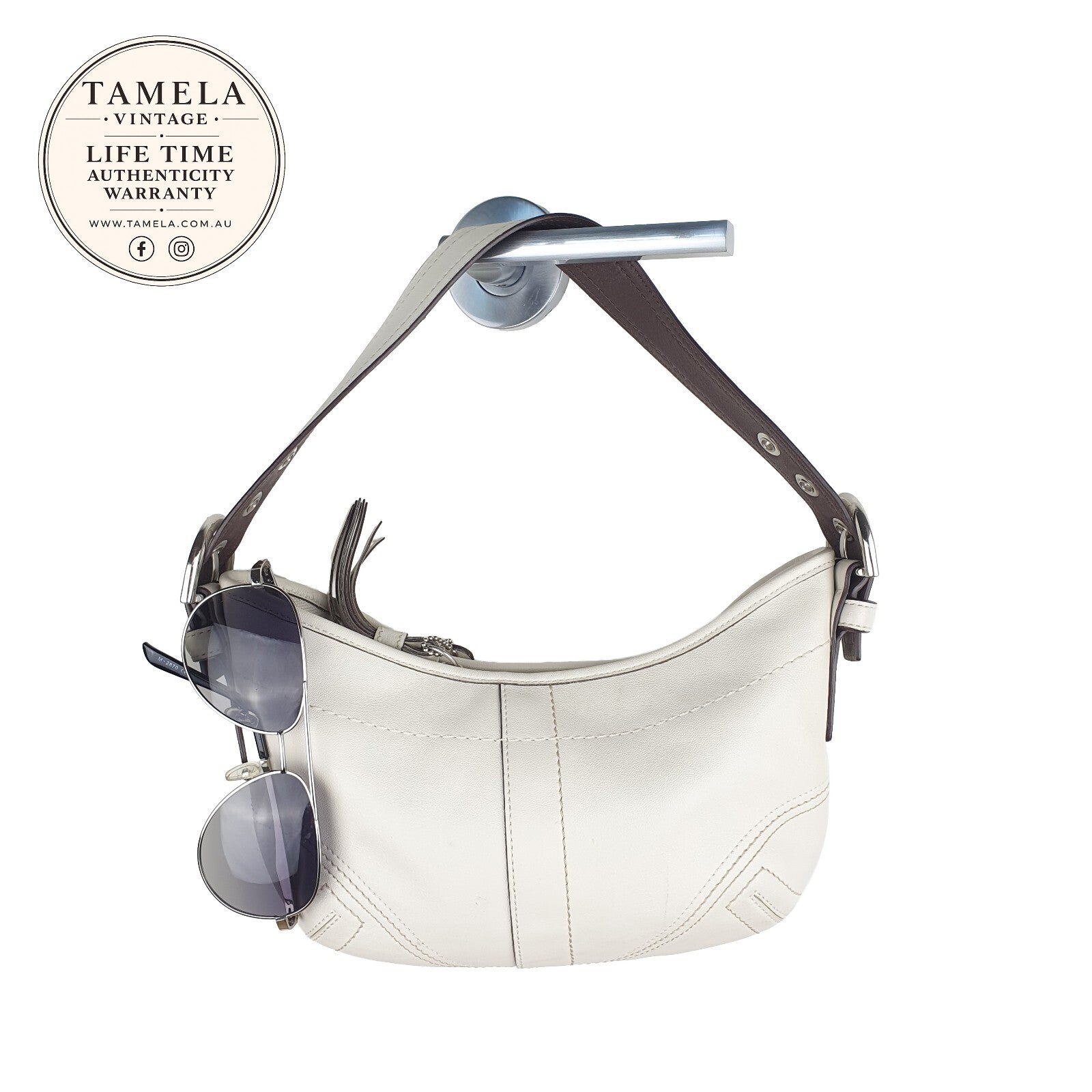 Coach Vintage Cream Leather Shoulder Bag with Brown Strap