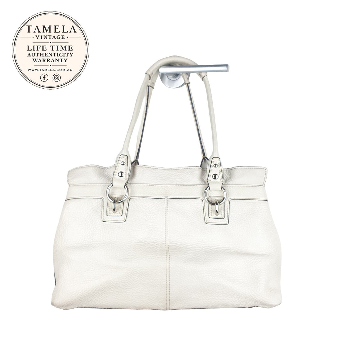 Vintage White Leather Coach Shoulder Bag with Yellow Tag