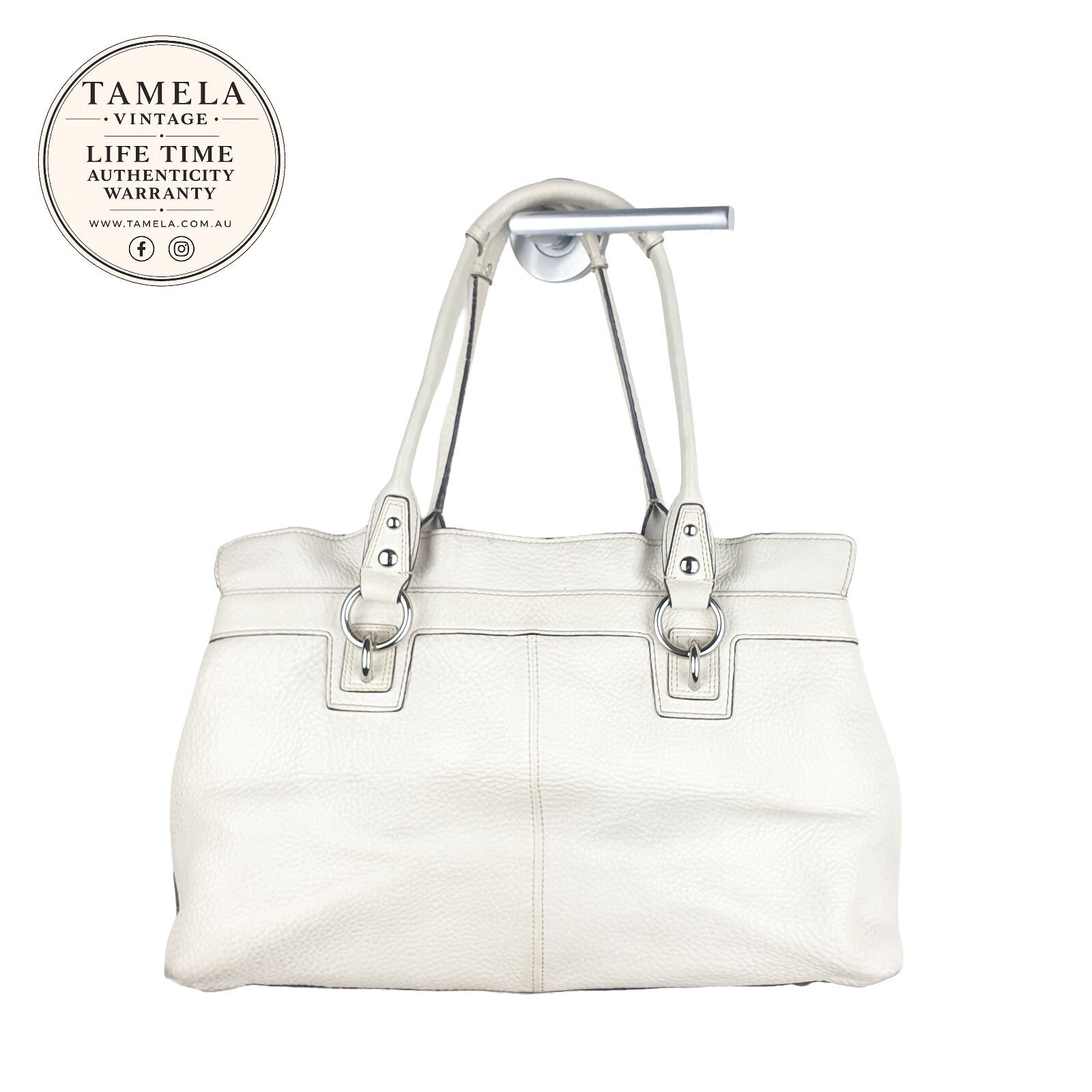 Vintage White Leather Coach Shoulder Bag with Yellow Tag