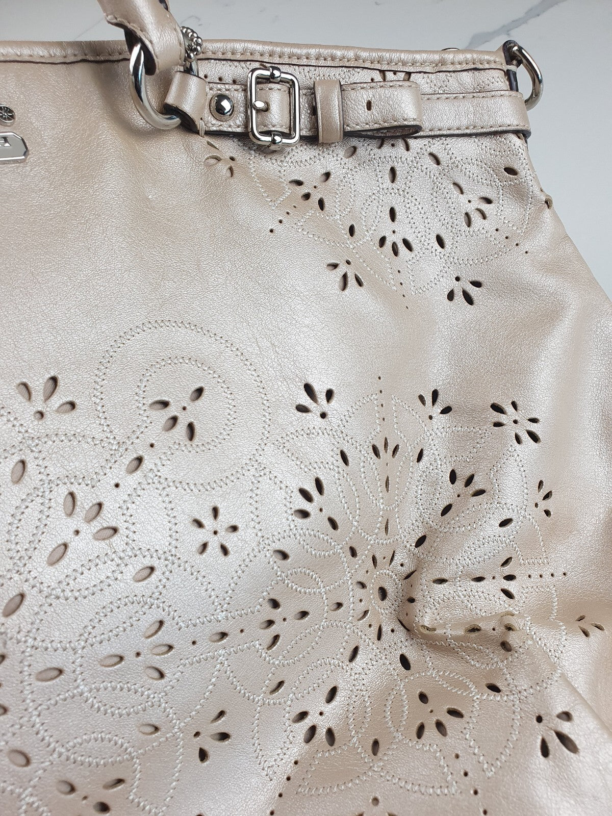 Coach Beige Leather Tote Bag with Floral Cutout Design