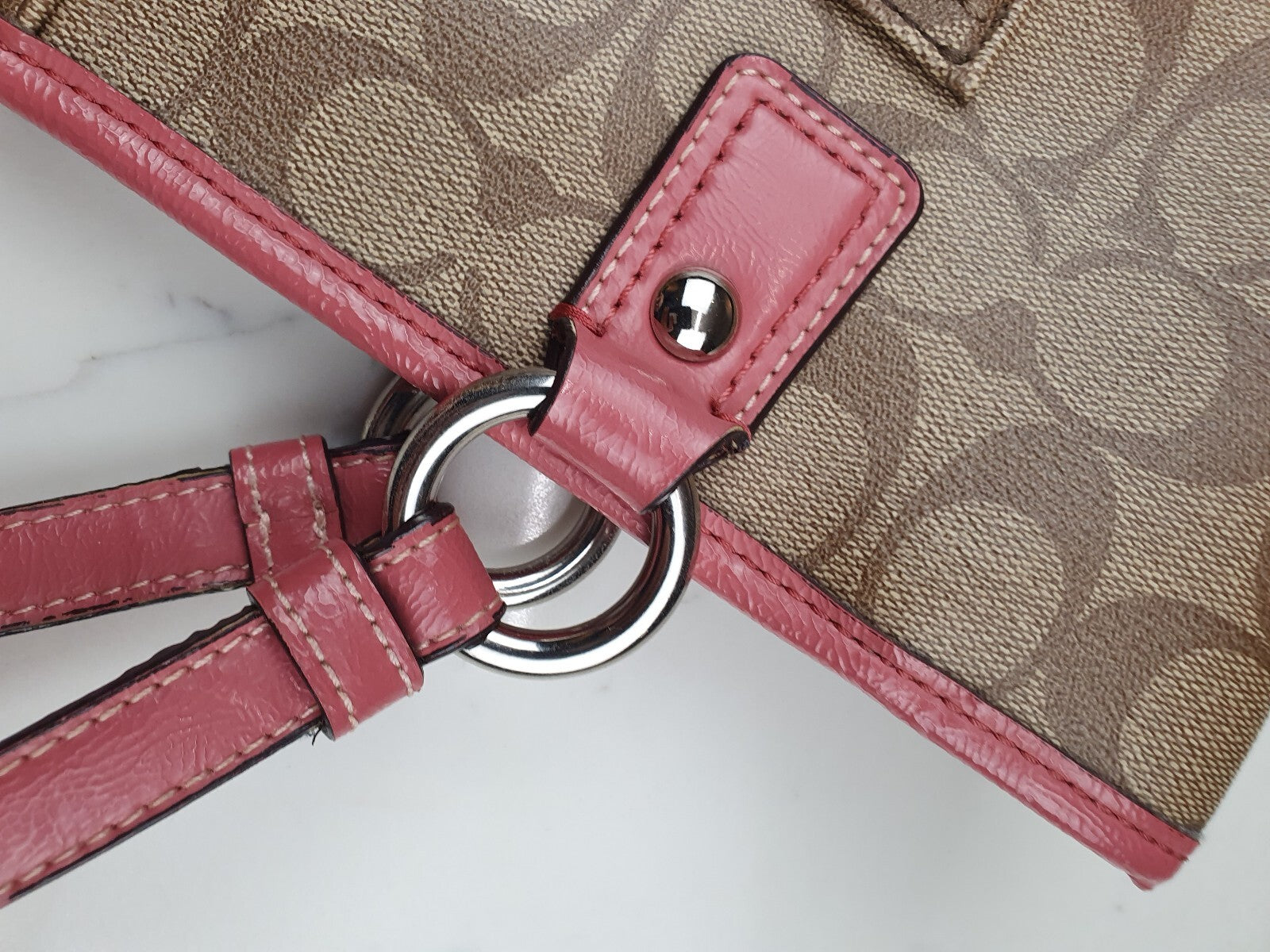 Coach Vintage Tote Bag with Signature Canvas and Pink Leather Trim