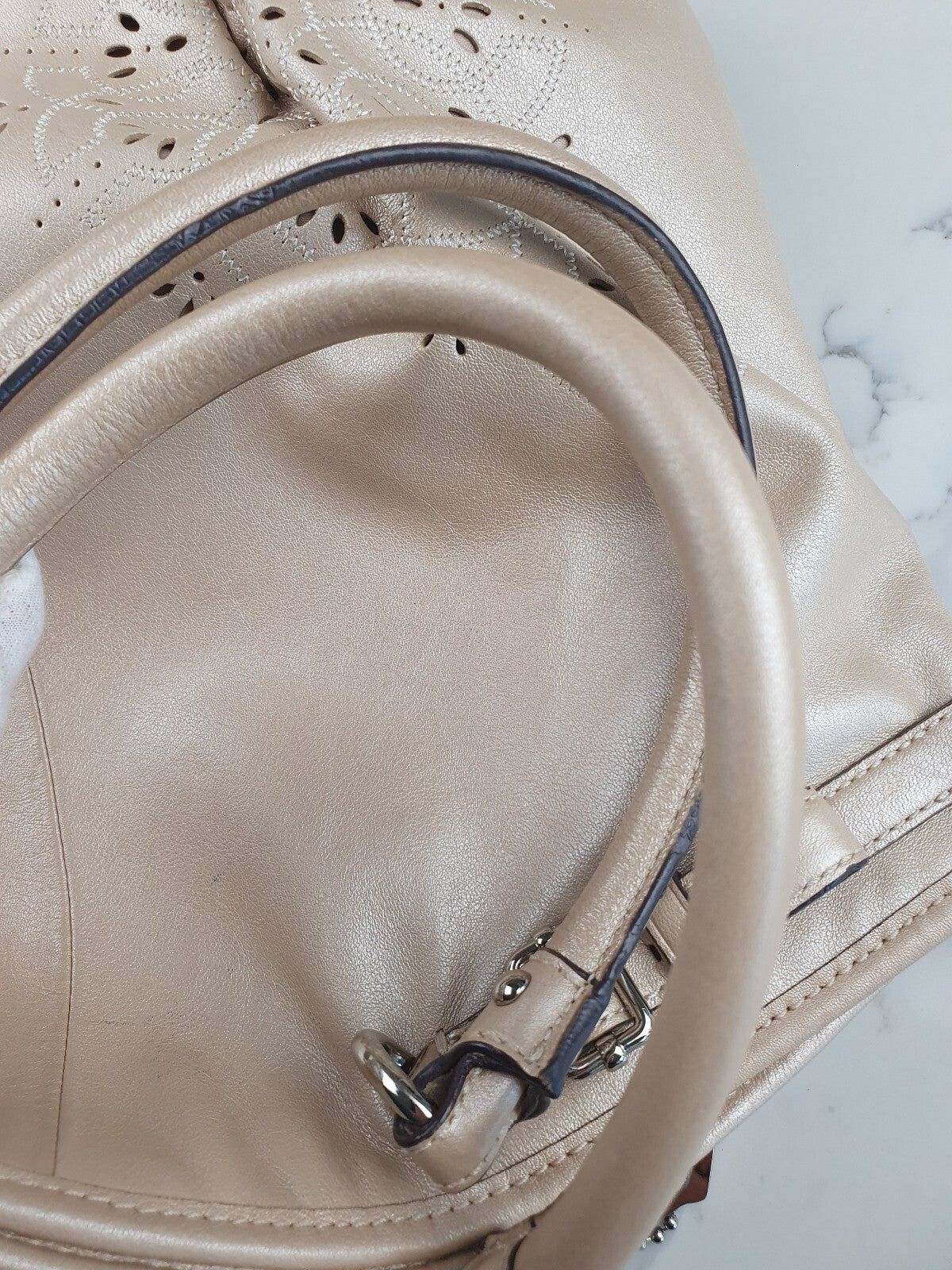 Coach Beige Leather Tote Bag with Floral Cutout Design