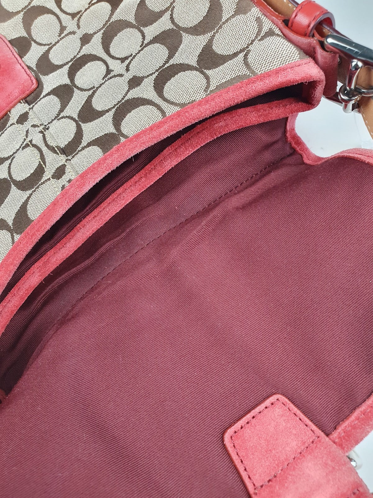 Coach Signature Canvas and Leather Shoulder Bag in Brown and Coral