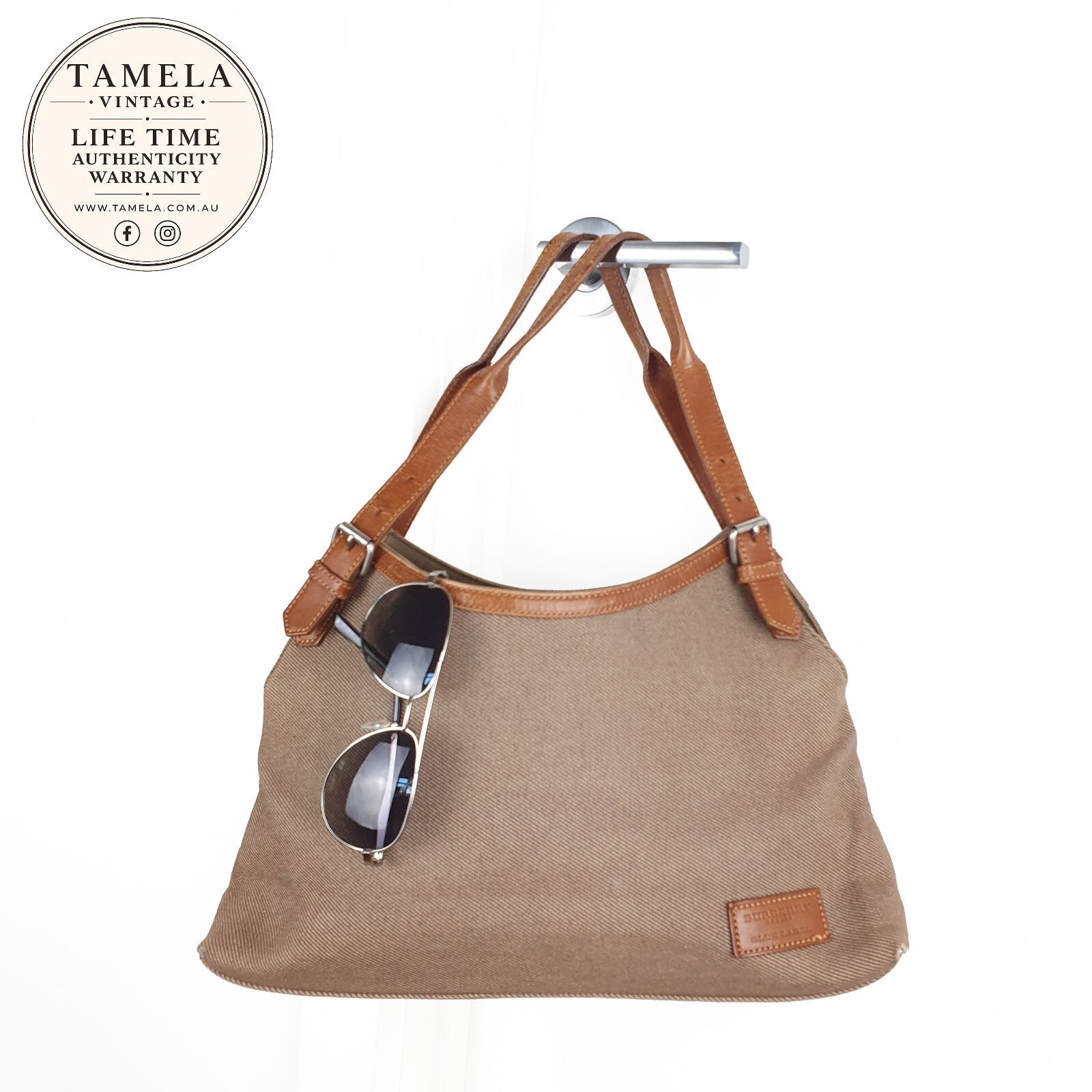 Burberry London Blue Label Brown Canvas and Leather Hobo Shoulder Bag