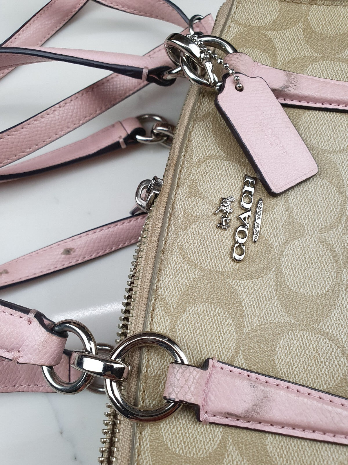 Coach Signature Canvas and Leather Satchel Handbag in Pink and Beige
