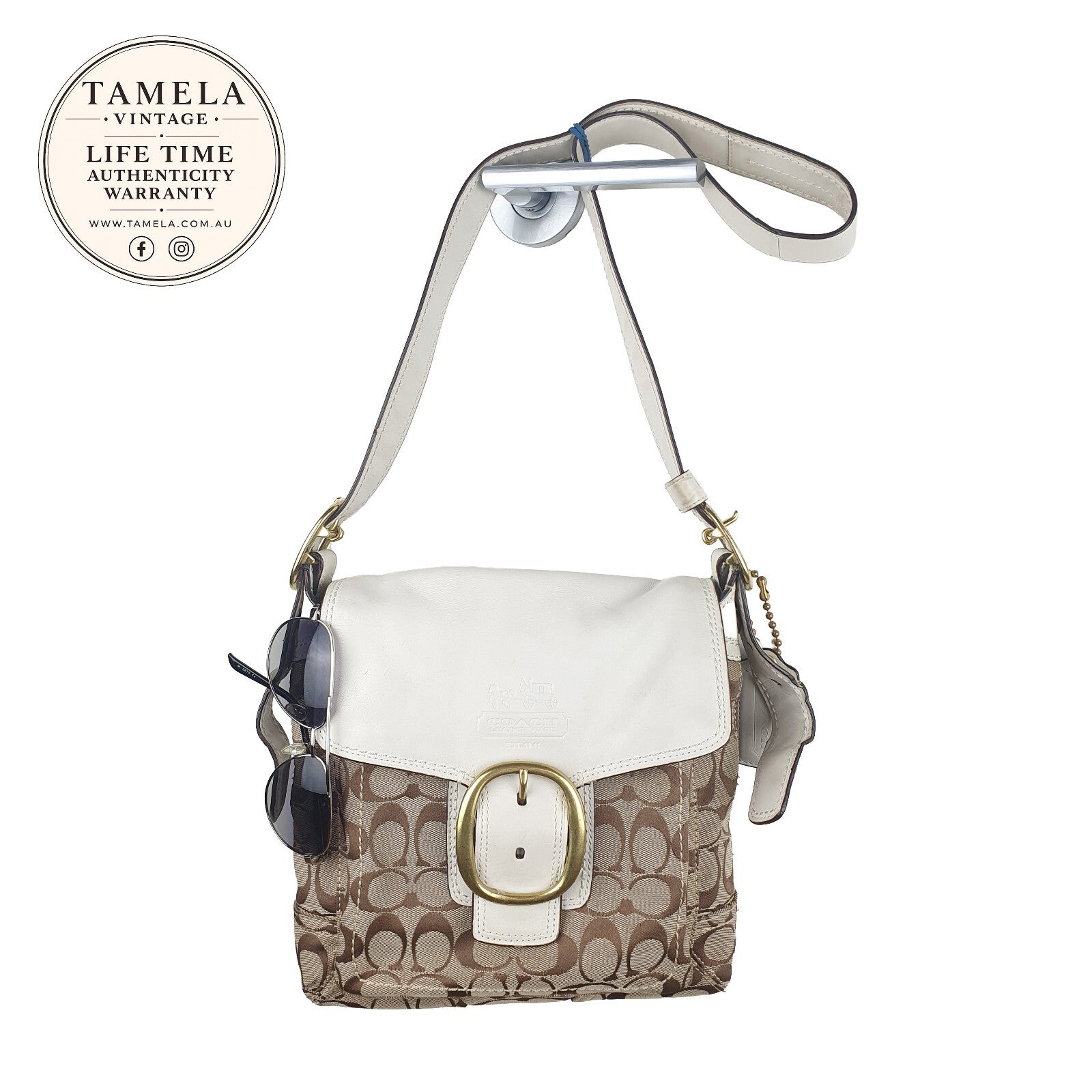 Vintage Coach Signature Canvas and White Leather Shoulder Bag