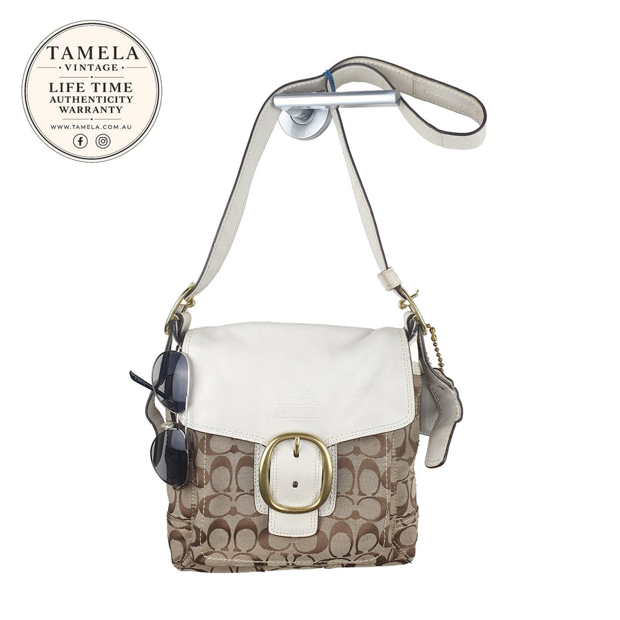Vintage Coach Signature Canvas and White Leather Shoulder Bag