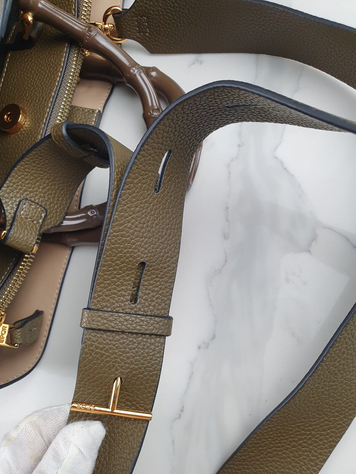 EPOR Textured Vegan Leather Handbag with Bamboo Handles and Adjustable Strap