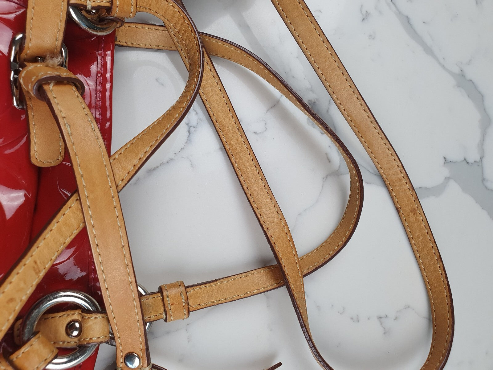 Coach Red Patent Leather Signature Tote Bag with Tan Straps