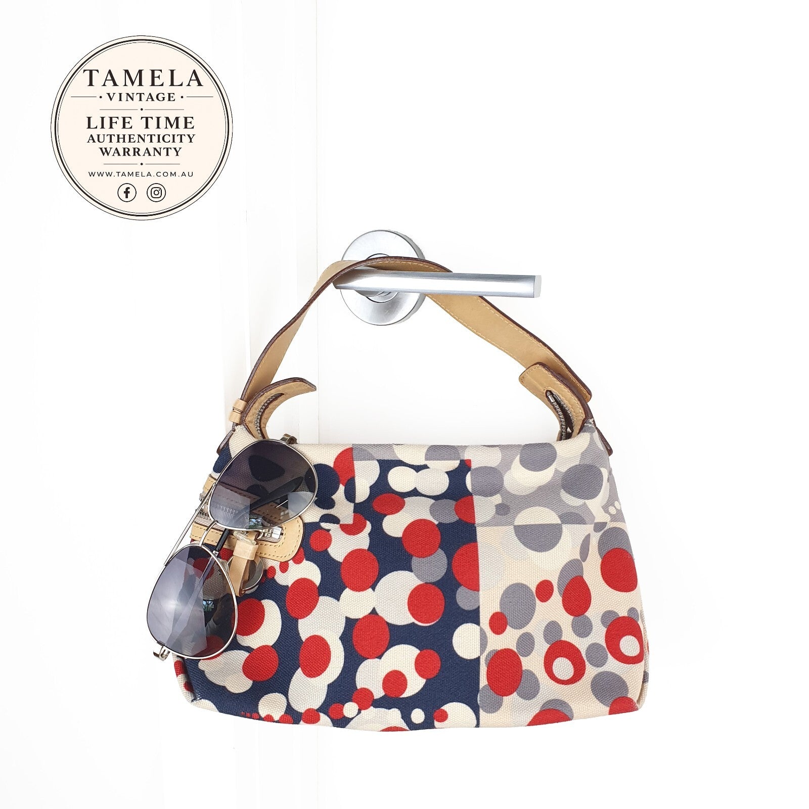 Pelle Borsa Canvas and Leather Shoulder Bag with Polka Dot Pattern