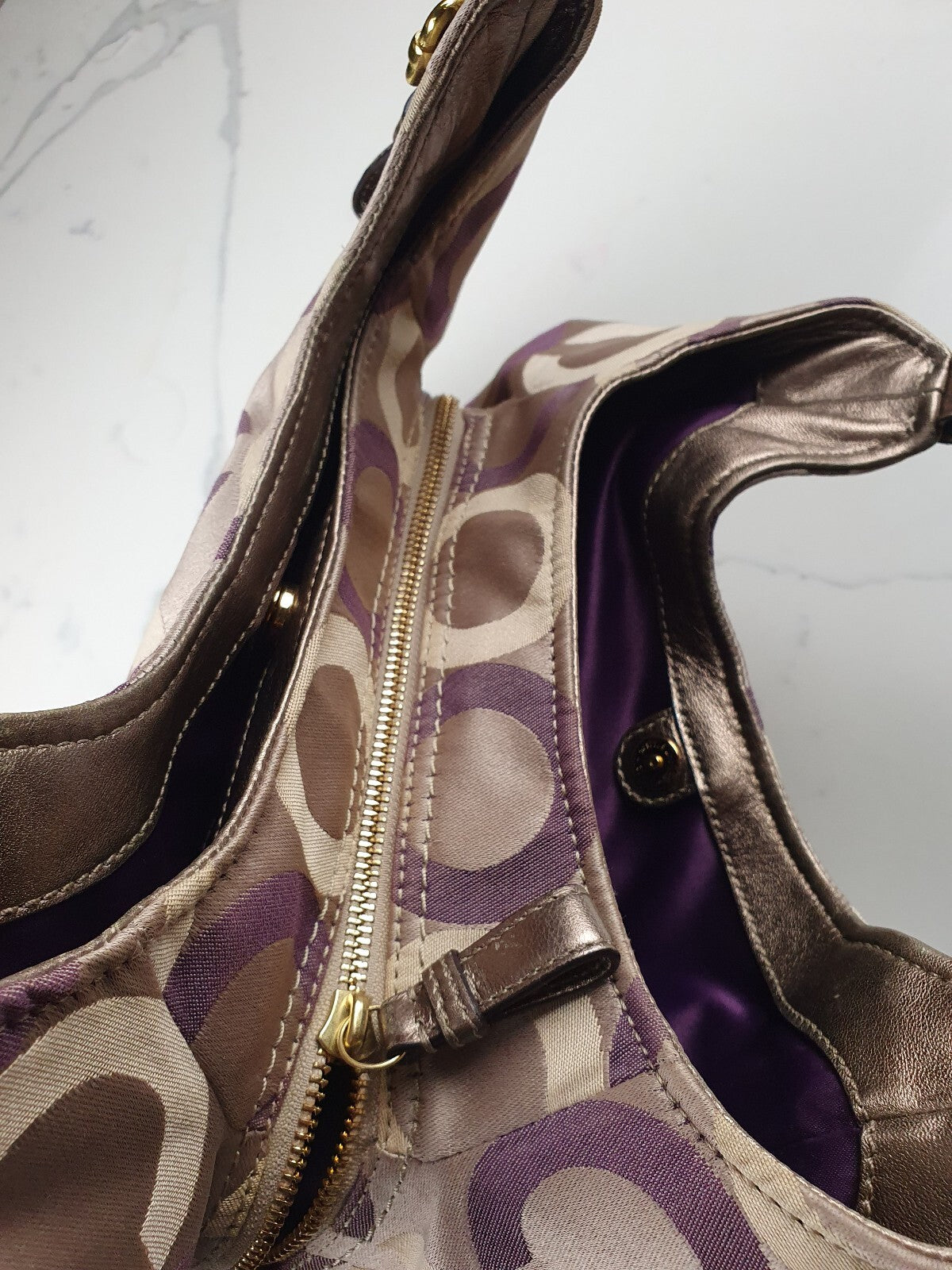 Coach Vintage Signature Circle Print Shoulder Bag with Metallic Leather Straps