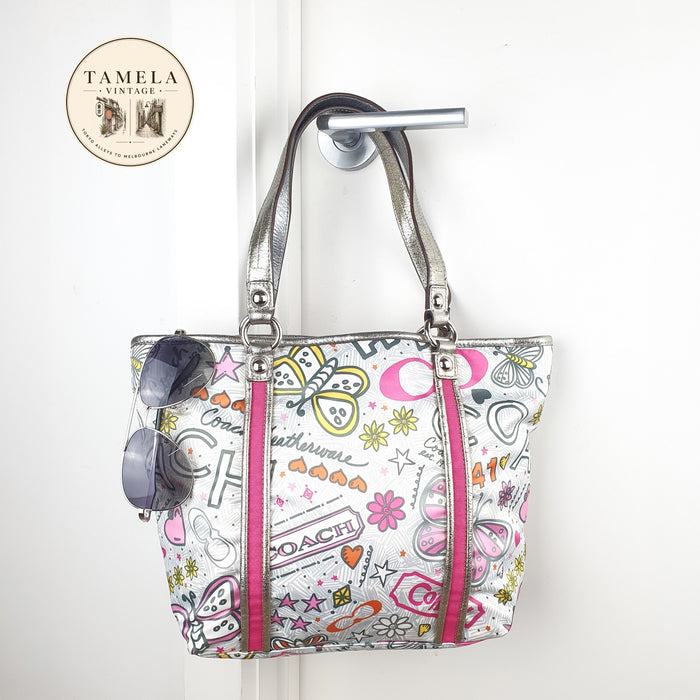 Coach Handbag with Colorful Butterfly and Logo Print