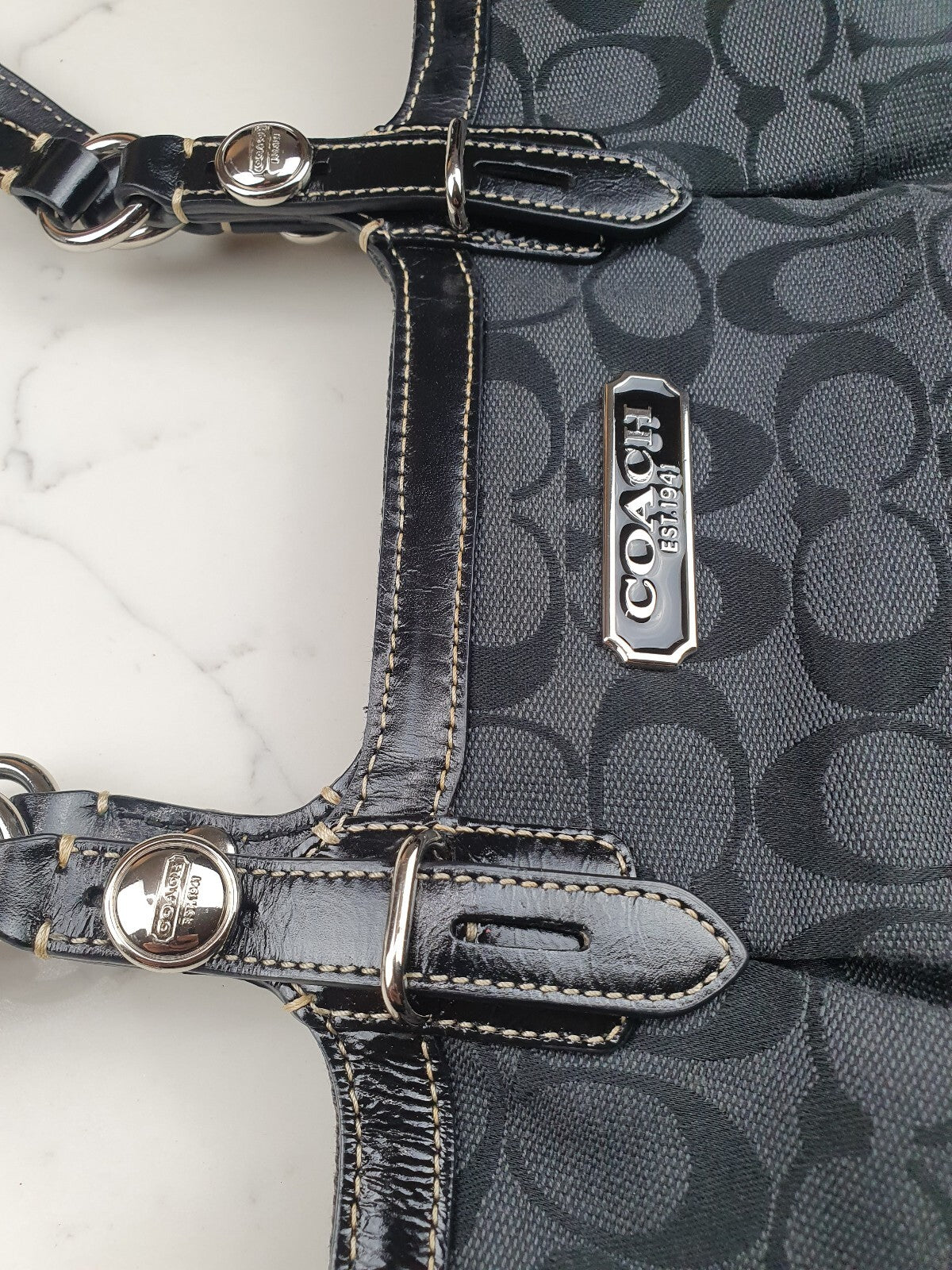 Coach Black Signature Jacquard Tote Bag with Leather Trim