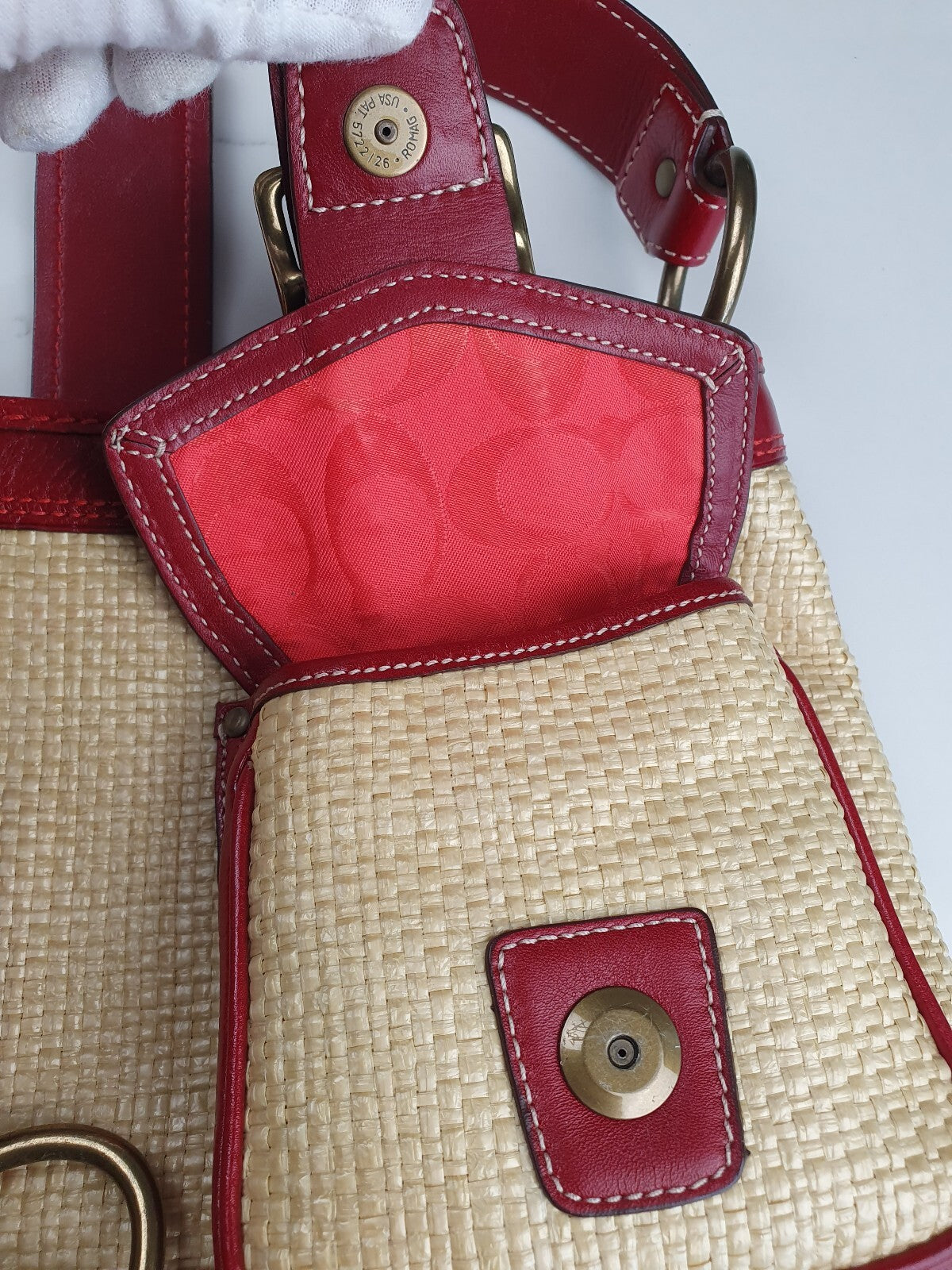 Coach Vintage Red Leather and Straw Shoulder Bag