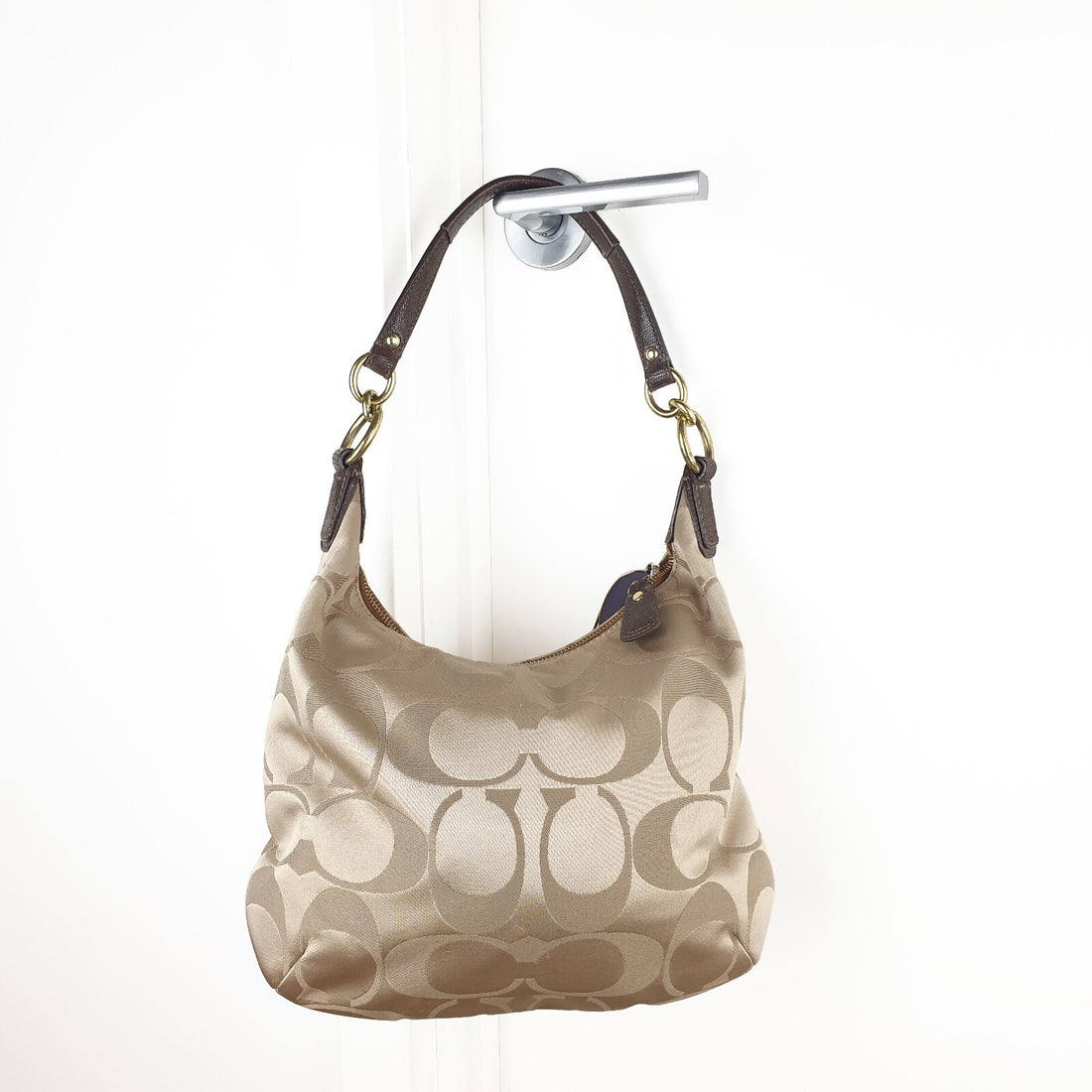 Coach Signature Khaki Hobo Bag with Leather Trim and Gold Hardware