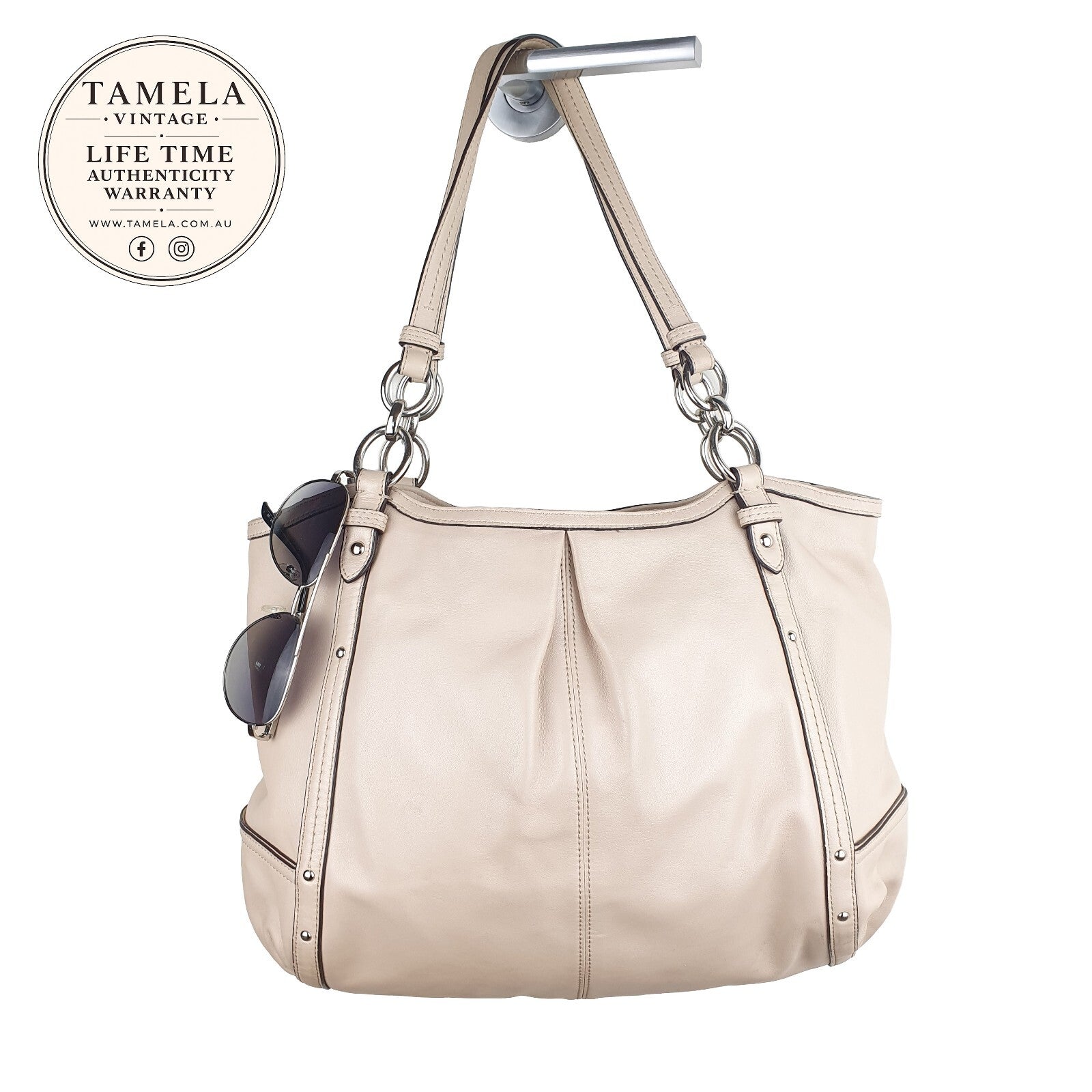 Coach Beige Leather Shoulder Bag with Silver Hardware