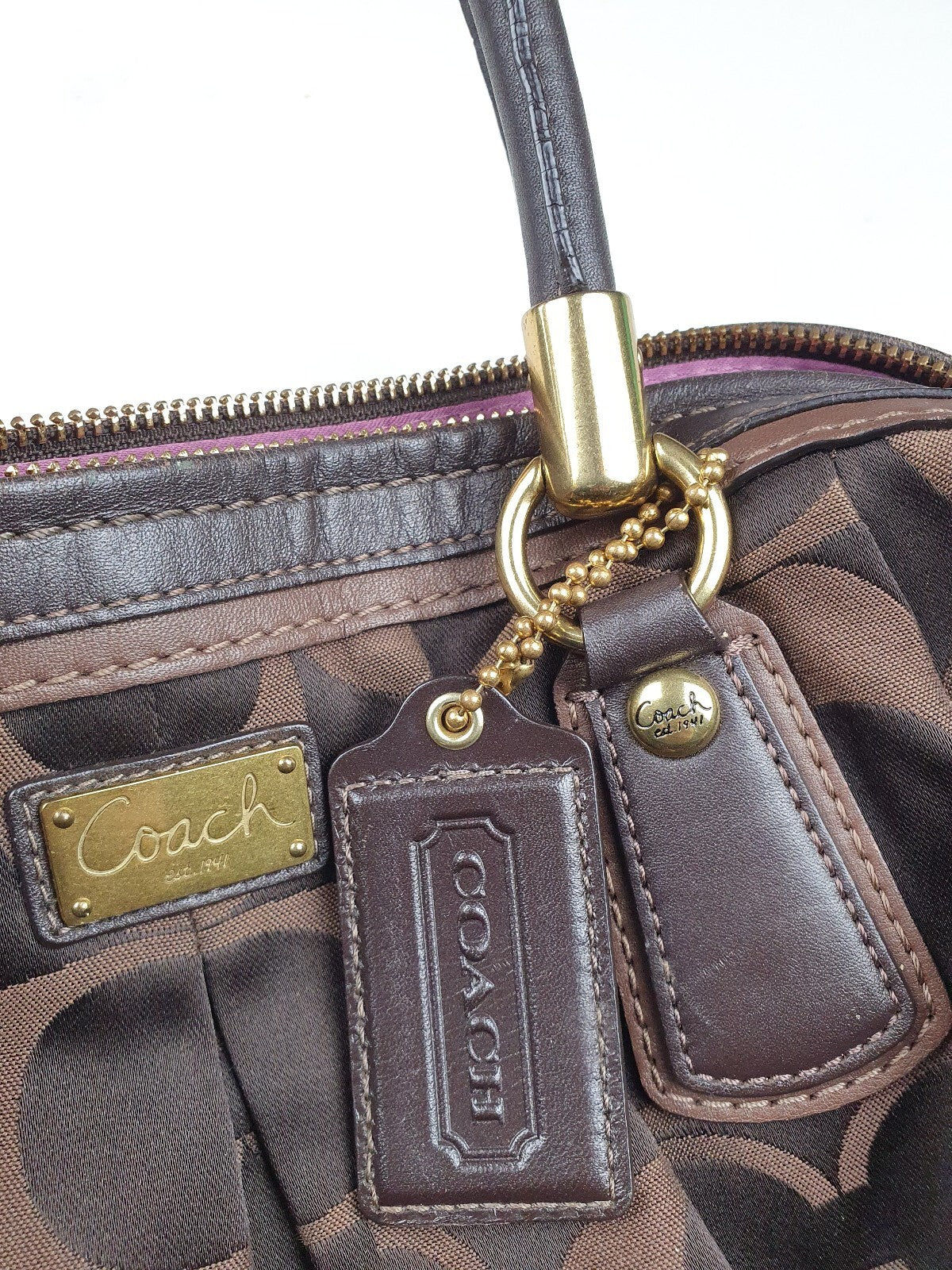 Coach Signature Brown Canvas Satchel Handbag with Leather Trim and Gold Hardware