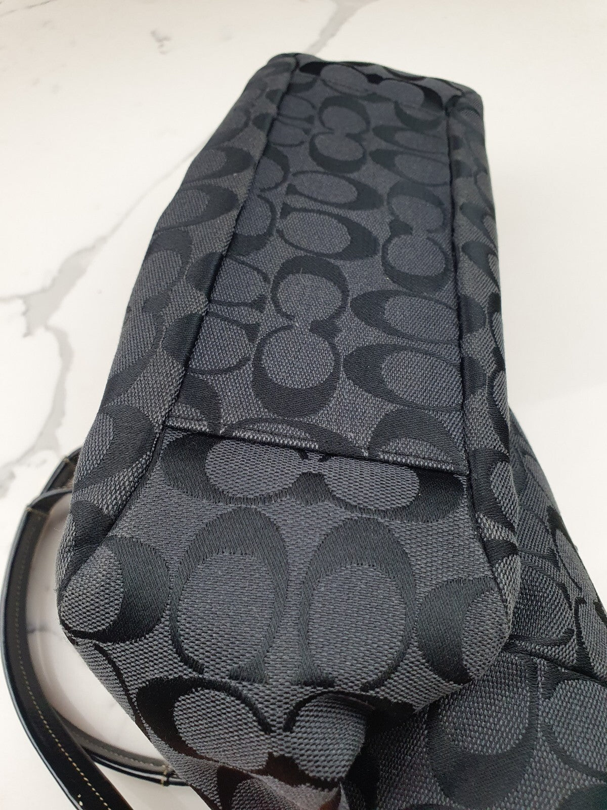 Coach Black Signature Jacquard Tote Bag with Leather Trim