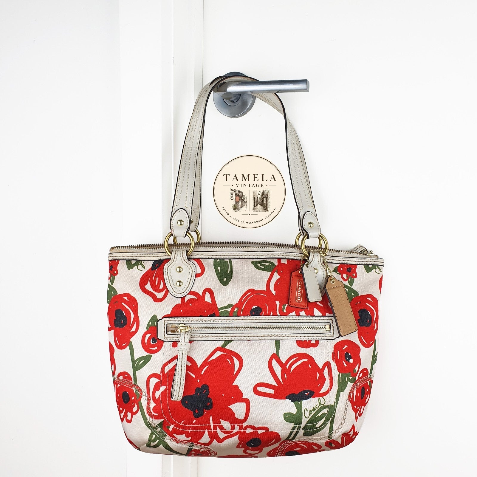 Coach Floral Canvas Tote Bag with Leather Trim