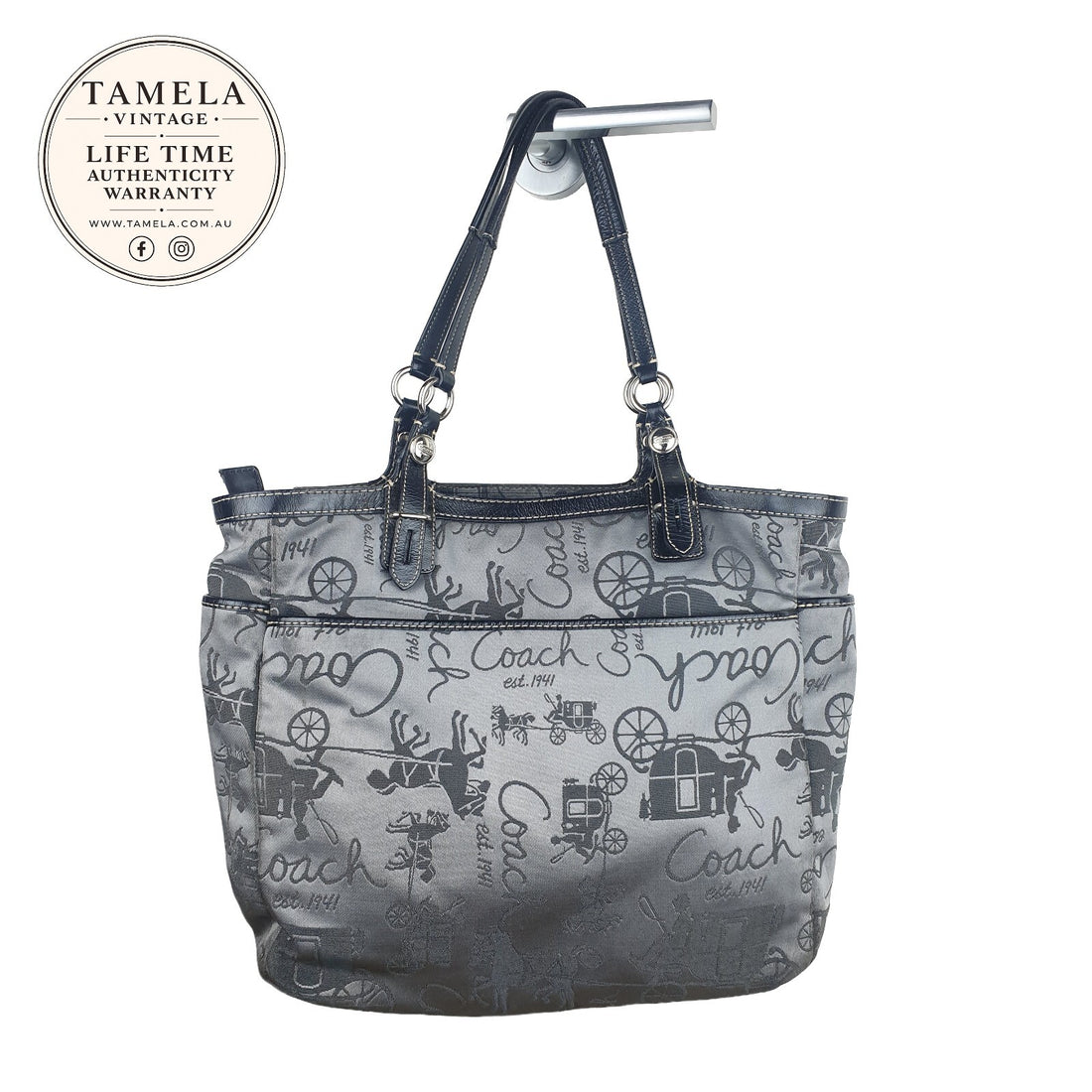 Vintage Coach Signature Print Shoulder Bag in Grey and Black