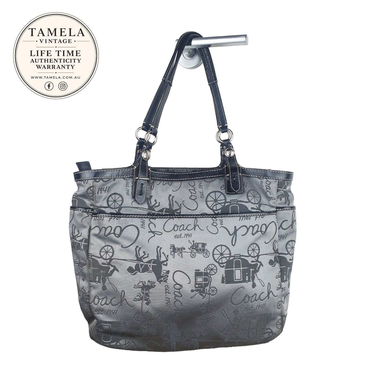 Vintage Coach Signature Print Shoulder Bag in Grey and Black