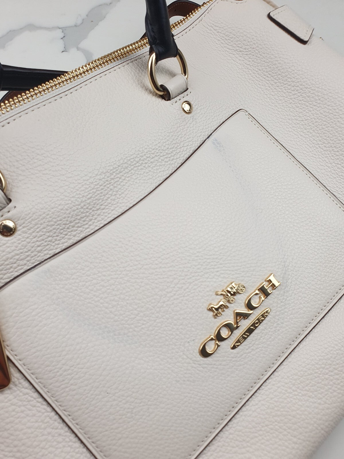 Coach Two-Tone Leather Satchel Handbag in Cream and Black