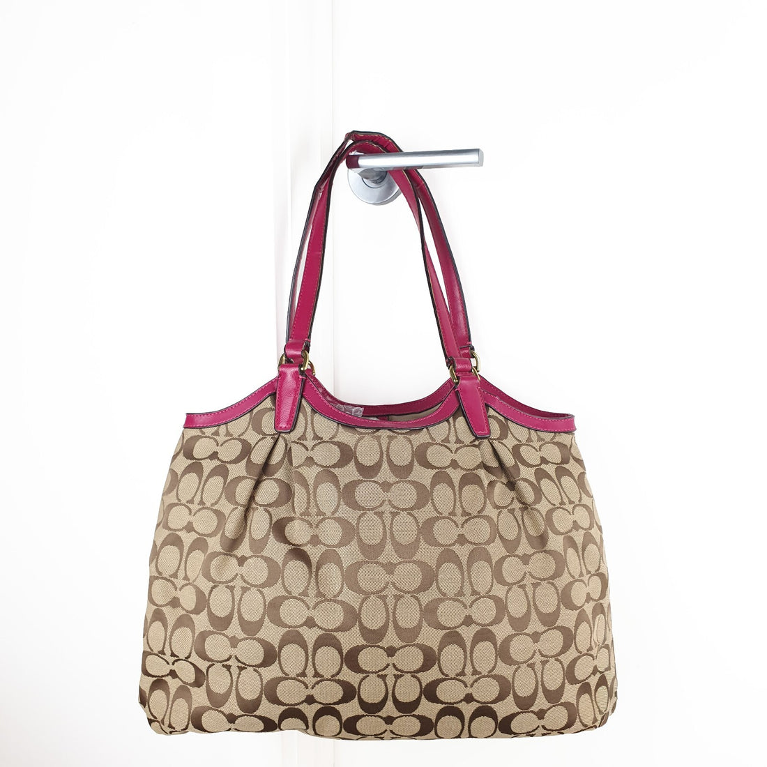 Coach Signature Canvas Tote Bag with Pink Leather Trim