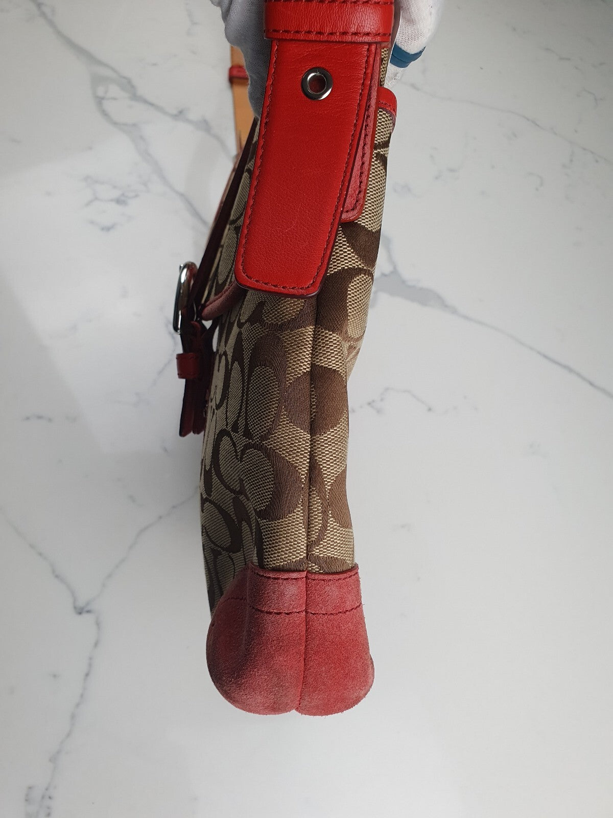 Coach Signature Canvas and Leather Shoulder Bag in Brown and Coral