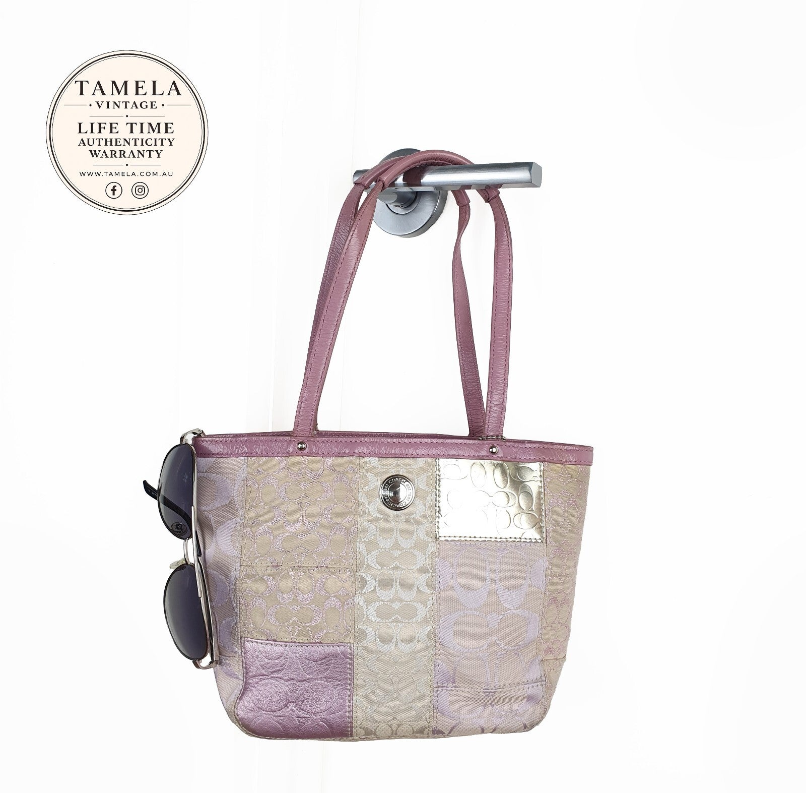 Coach Patchwork Signature Tote Bag in Pink and Beige