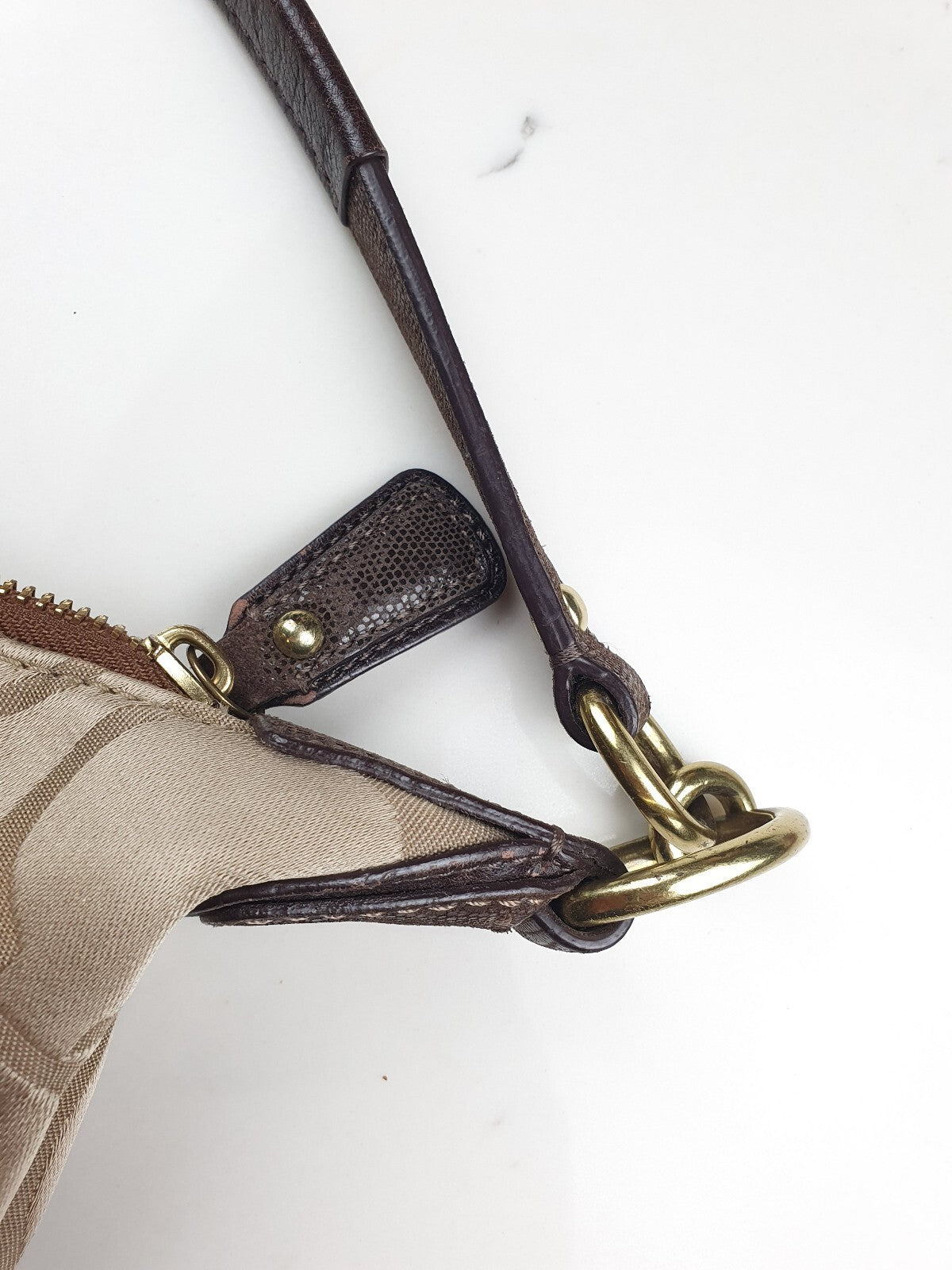 Coach Signature Khaki Hobo Bag with Leather Trim and Gold Hardware