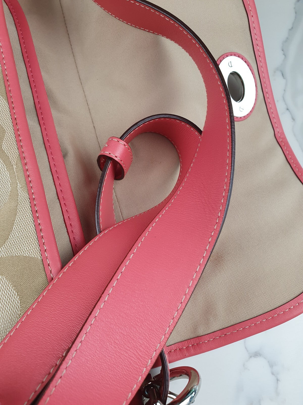 Coach Beige Signature Canvas Shoulder Bag with Pink Leather Trim