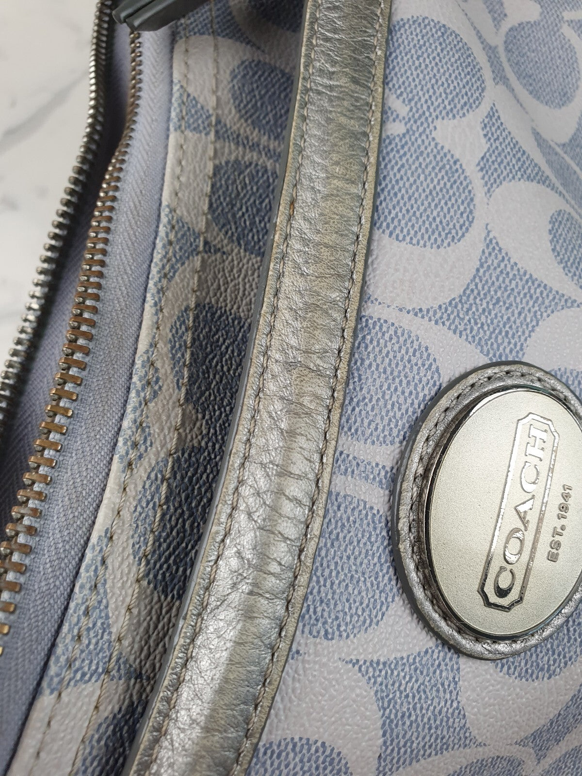 Coach Signature Canvas and Silver Leather Shoulder Bag