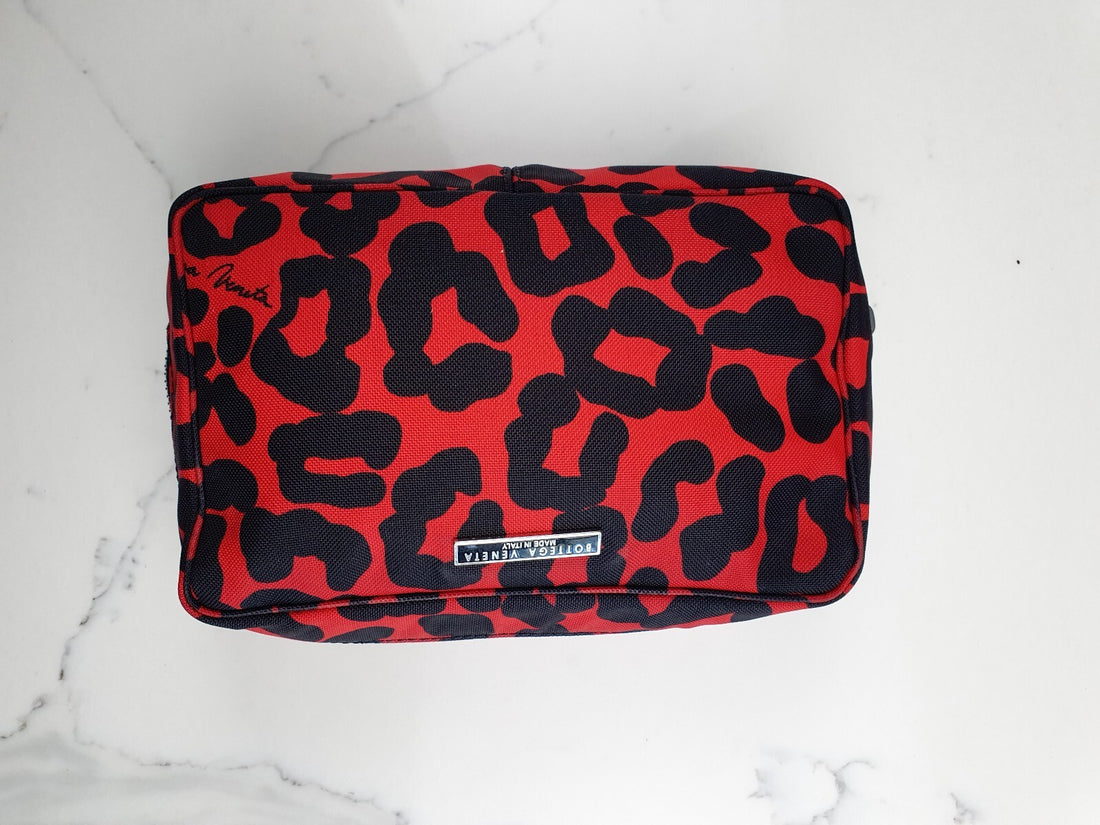 Bottega Veneta Red and Black Leopard Print Cosmetic Bag made in Italy