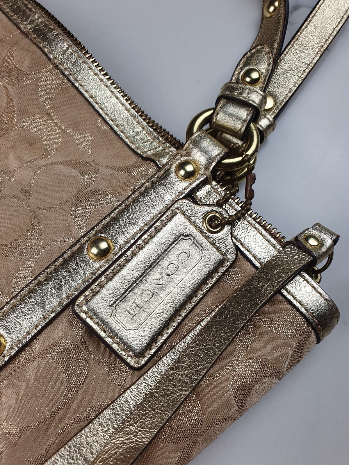 Coach Beige Signature Canvas Tote Bag with Gold Leather Trim